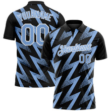 Laden Sie das Bild in den Galerie-Viewer, Uksn Individuelles Schwarz Hellblau-Weiß Geometrische Zickzackform Blitz Funktions-Poloshirt