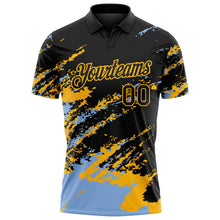 Laden Sie das Bild in den Galerie-Viewer, Uksn Individuelles Schwarz Hellblau-Gold Pinselstrich-Splitter-Spritzer Funktions-Poloshirt
