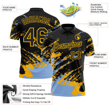 Laden Sie das Bild in den Galerie-Viewer, Uksn Individuelles Schwarz Hellblau-Gold Pinselstrich-Splitter-Spritzer Funktions-Poloshirt