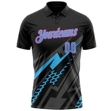 Laden Sie das Bild in den Galerie-Viewer, Uksn Individuelles Schwarz Himmelblau Grau-Pink Blitz-Geometrie Funktions-Poloshirt