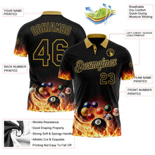 Laden Sie das Bild in den Galerie-Viewer, Uksn Individuelles Schwarz-Altgold Flammen Billard Snooker Bälle Pool Funktions-Poloshirt