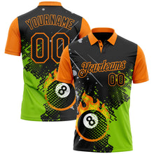 Laden Sie das Bild in den Galerie-Viewer, Uksn Individuelles Schwarz Neongrün-Bay Orange Flammen Billard Snooker 8-Ball-Pool-Spritzer Funktions-Poloshirt