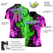 Laden Sie das Bild in den Galerie-Viewer, Uksn Individuelles Schwarz Pink Hot Pink Grün-Himmelblau Flammen-Split-Feuer Funktions-Poloshirt