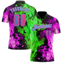 Laden Sie das Bild in den Galerie-Viewer, Uksn Individuelles Schwarz Pink Hot Pink Grün-Himmelblau Flammen-Split-Feuer Funktions-Poloshirt