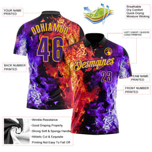 Laden Sie das Bild in den Galerie-Viewer, Uksn Individuelles Schwarz Violett Rot-Gelb Flammen-Split-Feuer Funktions-Poloshirt