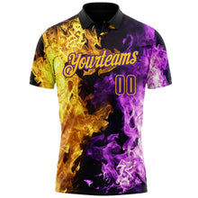 Laden Sie das Bild in den Galerie-Viewer, Uksn Individuelles Schwarz Violett-Gelb Flammen-Split-Feuer Funktions-Poloshirt