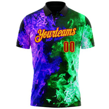 Laden Sie das Bild in den Galerie-Viewer, Uksn Individuelles Schwarz Rot Grün Violett-Gelb Flammen-Split-Feuer Funktions-Poloshirt