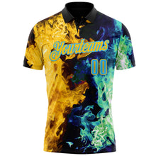 Laden Sie das Bild in den Galerie-Viewer, Uksn Individuelles Schwarz Himmelblau Grün-Gelb Flammen-Split-Feuer Funktions-Poloshirt