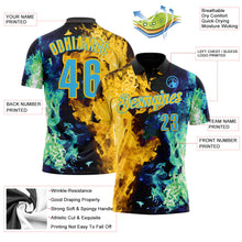 Laden Sie das Bild in den Galerie-Viewer, Uksn Individuelles Schwarz Himmelblau Grün-Gelb Flammen-Split-Feuer Funktions-Poloshirt