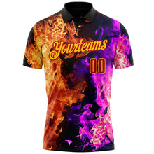 Laden Sie das Bild in den Galerie-Viewer, Uksn Individuelles Schwarz Rot Hot Pink-Gelb Flammen-Split-Feuer Funktions-Poloshirt