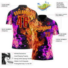 Laden Sie das Bild in den Galerie-Viewer, Uksn Individuelles Schwarz Rot Hot Pink-Gelb Flammen-Split-Feuer Funktions-Poloshirt
