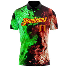 Laden Sie das Bild in den Galerie-Viewer, Uksn Individuelles Schwarz Rot Grün-Gelb Flammen-Split-Feuer Funktions-Poloshirt