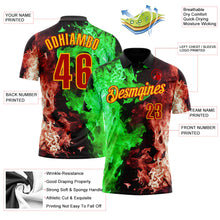 Laden Sie das Bild in den Galerie-Viewer, Uksn Individuelles Schwarz Rot Grün-Gelb Flammen-Split-Feuer Funktions-Poloshirt