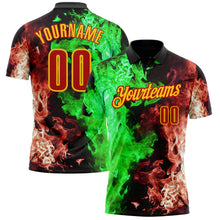 Laden Sie das Bild in den Galerie-Viewer, Uksn Individuelles Schwarz Rot Grün-Gelb Flammen-Split-Feuer Funktions-Poloshirt