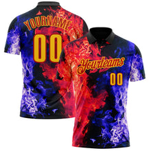Laden Sie das Bild in den Galerie-Viewer, Uksn Individuelles Schwarz Gelb Blau-Rot Flammen-Split-Feuer Funktions-Poloshirt