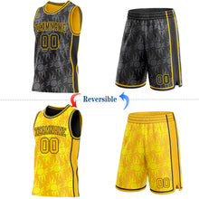 Laden Sie das Bild in den Galerie-Viewer, Uksn Individuelles Schwarz-Gold Seitenstreifen Sonnenflamme Wendbar Doppelseitig Sublimation Basketball-Set Trikot
