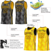 Laden Sie das Bild in den Galerie-Viewer, Uksn Individuelles Schwarz-Gold Seitenstreifen Sonnenflamme Wendbar Doppelseitig Sublimation Basketball-Set Trikot