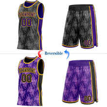 Laden Sie das Bild in den Galerie-Viewer, Uksn Individuelles Schwarz Violett-Gold Seitenstreifen Sonnenflamme Wendbar Doppelseitig Sublimation Basketball-Set Trikot
