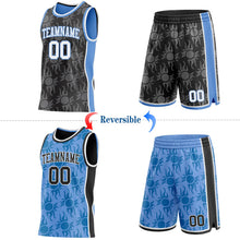 Laden Sie das Bild in den Galerie-Viewer, Uksn Individuelles Schwarz Weiß-Hellblau Seitenstreifen Sonnenflamme Wendbar Doppelseitig Sublimation Basketball-Set Trikot