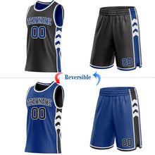 Laden Sie das Bild in den Galerie-Viewer, Uksn Individuelles Schwarz Royalblau-Weiß Seitenpanel Geometrisch Chevron Wendbar Doppelseitig Sublimation Basketball-Set Trikot