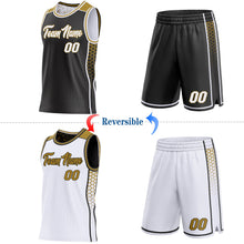 Laden Sie das Bild in den Galerie-Viewer, Uksn Individuelles Schwarz Weiß-Altgold Seitenstreifen Geometrisch Dreieck Verlaufspunkt Wendbar Doppelseitig Sublimation Basketball-Set Trikot