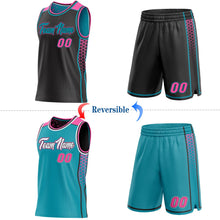 Laden Sie das Bild in den Galerie-Viewer, Uksn Individuelles Schwarz Pink-Petrol Seitenstreifen Geometrisch Dreieck Verlaufspunkt Wendbar Doppelseitig Sublimation Basketball-Set Trikot