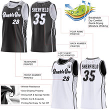 Laden Sie das Bild in den Galerie-Viewer, Uksn Individuelles Schwarz Weiß-Grau Seitenstreifen Geometrisch Dreieck Verlaufspunkt Wendbar Doppelseitig Sublimation Basketball-Set Trikot