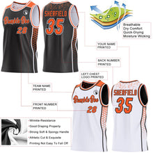 Laden Sie das Bild in den Galerie-Viewer, Uksn Individuelles Schwarz Orange-Weiß Seitenstreifen Geometrisch Dreieck Verlaufspunkt Wendbar Doppelseitig Sublimation Basketball-Set Trikot