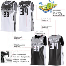 Laden Sie das Bild in den Galerie-Viewer, Uksn Individuelles Schwarz Weiß-Grau Seitenstreifen Geometrisch V-Ausschnitt Farbblock Wendbar Doppelseitig Sublimation Basketball-Set Trikot