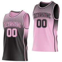 Laden Sie das Bild in den Galerie-Viewer, Uksn Individuelles Schwarz-Hellrosa Seitenstreifen Verlauf Geometrisch Wabenmuster Wendbar Doppelseitig Sublimation Basketball-Set Trikot