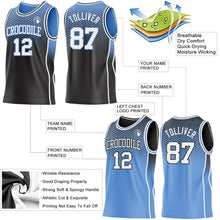 Laden Sie das Bild in den Galerie-Viewer, Uksn Individuelles Schwarz Weiß-Hellblau Seitenstreifen Verlauf Geometrisch Wabenmuster Wendbar Doppelseitig Sublimation Basketball-Set Trikot