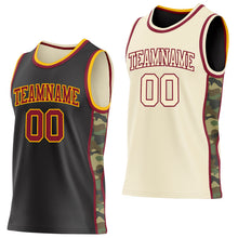 Laden Sie das Bild in den Galerie-Viewer, Uksn Individuelles Schwarz(Creme) Karmesinrot-Gold Camouflage Seitenstreifen Wendbar Doppelseitig Sublimation Basketball-Set Trikot