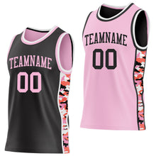 Laden Sie das Bild in den Galerie-Viewer, Uksn Individuelles Schwarz Hellrosa-Weiß Digitale Camouflage Seitenstreifen Wendbar Doppelseitig Sublimation Basketball-Set Trikot