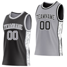 Laden Sie das Bild in den Galerie-Viewer, Uksn Individuelles Schwarz Grau-Weiß Arktis-Camouflage Seitenstreifen Wendbar Doppelseitig Sublimation Basketball-Set Trikot