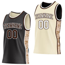 Laden Sie das Bild in den Galerie-Viewer, Uksn Individuelles Schwarz(Creme) Braun-Weiß Camouflage Seitenstreifen Wendbar Doppelseitig Sublimation Basketball-Set Trikot