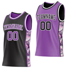 Laden Sie das Bild in den Galerie-Viewer, Uksn Individuelles Schwarz Mittelviolett-Weiß Camouflage Seitenstreifen Wendbar Doppelseitig Sublimation Basketball-Set Trikot