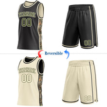 Laden Sie das Bild in den Galerie-Viewer, Uksn Individuelles Schwarz Oliv-Creme Wald-Camouflage Seitenstreifen Wendbar Doppelseitig Sublimation Basketball-Set Trikot