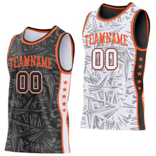 Laden Sie das Bild in den Galerie-Viewer, Uksn Individuelles Schwarz Weiß-Orange Seitenstreifen Sterne Geometrisch Splitter Sternenburst Wendbar Doppelseitig Sublimation Basketball-Set Trikot