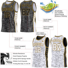 Laden Sie das Bild in den Galerie-Viewer, Uksn Individuelles Schwarz Altgold-Weiß Seitenstreifen Sterne Geometrisch Splitter Sternenburst Wendbar Doppelseitig Sublimation Basketball-Set Trikot