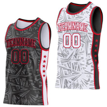 Laden Sie das Bild in den Galerie-Viewer, Uksn Individuelles Schwarz Rot-Weiß Seitenstreifen Sterne Geometrisch Splitter Sternenburst Wendbar Doppelseitig Sublimation Basketball-Set Trikot