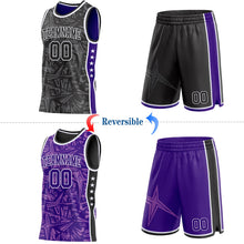Laden Sie das Bild in den Galerie-Viewer, Uksn Individuelles Schwarz Weiß-Violett Seitenstreifen Sterne Geometrisch Splitter Sternenburst Wendbar Doppelseitig Sublimation Basketball-Set Trikot