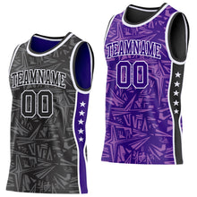 Laden Sie das Bild in den Galerie-Viewer, Uksn Individuelles Schwarz Weiß-Violett Seitenstreifen Sterne Geometrisch Splitter Sternenburst Wendbar Doppelseitig Sublimation Basketball-Set Trikot