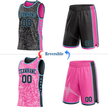Laden Sie das Bild in den Galerie-Viewer, Uksn Individuelles Schwarz Himmelblau-Pink Seitenstreifen Sterne Geometrisch Splitter Sternenburst Wendbar Doppelseitig Sublimation Basketball-Set Trikot