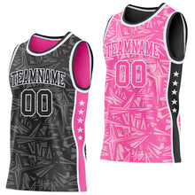 Laden Sie das Bild in den Galerie-Viewer, Uksn Individuelles Schwarz Weiß-Pink Seitenstreifen Sterne Geometrisch Splitter Sternenburst Wendbar Doppelseitig Sublimation Basketball-Set Trikot