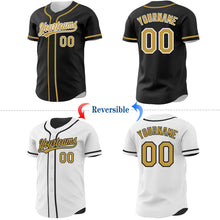 Laden Sie das Bild in den Galerie-Viewer, Uksn Individuelles Schwarz Altgold-Weiß Wendbares Baseball-Trikot mit Knopfleiste