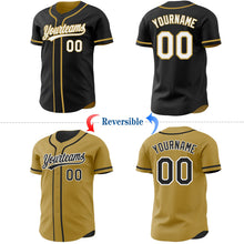 Laden Sie das Bild in den Galerie-Viewer, Uksn Individuelles Schwarz Weiß-Altgold Wendbares Baseball-Trikot mit Knopfleiste