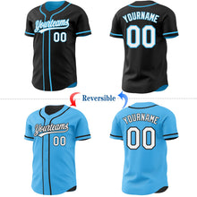 Laden Sie das Bild in den Galerie-Viewer, Uksn Individuelles Schwarz Weiß-Himmelblau Wendbares Baseball-Trikot mit Knopfleiste