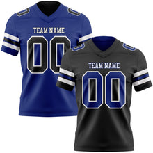 Laden Sie das Bild in den Galerie-Viewer, Uksn Individuelles Schwarz Royalblau-Weiß Wendbares Zweiseitiges Authentisches Football Trikot