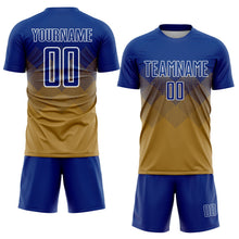 Laden Sie das Bild in den Galerie-Viewer, Uksn Individuelles Altgold Royalblau-Weiß Sublimations-Fußballtrikot