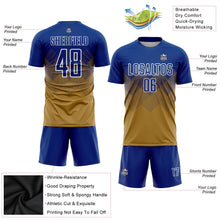 Laden Sie das Bild in den Galerie-Viewer, Uksn Individuelles Altgold Royalblau-Weiß Sublimations-Fußballtrikot